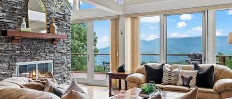 Living Room, Wood Burning Fireplace with View