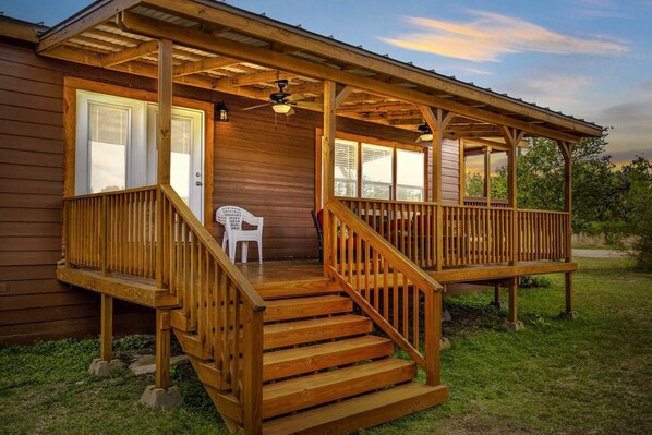 There's an almost golden glow to the side deck at the Hideaway-and the Hill Country views are amazing, too!