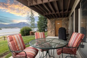 Back patio with outdoor seating overlooking the beautiful Dillon Lake.