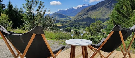 Views from the deck across the Shotover River to Remarkable mountains and beyond