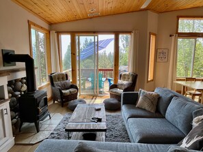 Great Room family couch with view to deck.