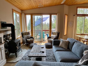 Great Room family couch with view to deck.