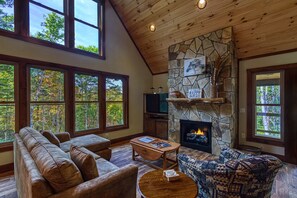 The living room has a gas log fireplace and a satellite TV