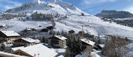 Grande terrasse exposée plein sud et une superbe vue sur le domaine skiable