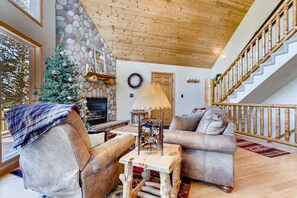 The Stone Fireplace and comfortable seating area.