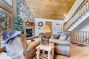 The Stone Fireplace and comfortable seating area.