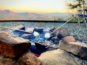 S'mores by the firepit with Lake Chatuge and mountain views.