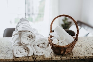 Clean towels, soap, shampoo and conditioner will never be left behind.