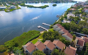 Aerial view of Bay Oaks on Siesta Key facing toward Little Sarasota Bay.