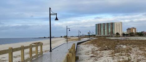 Boardwalk view looking a building