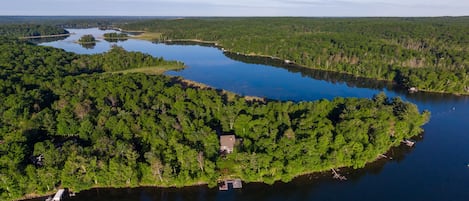 Aerial view of the cabin on a June morning