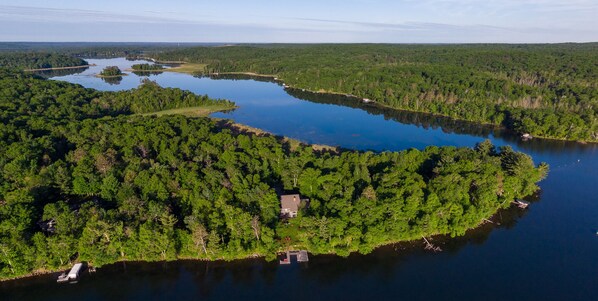 Aerial view of the cabin on a June morning