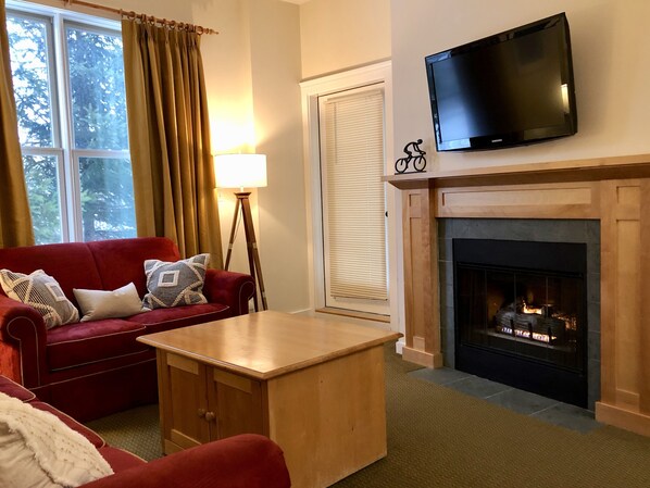 living room with gas fireplace