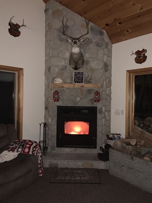 Enjoy a warm fire in the living room. 