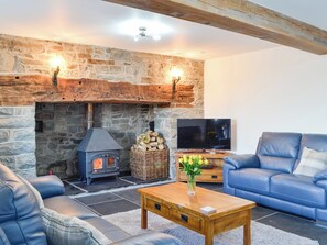Living room with warming woodburner | Pistyll Gwyn, Llanwrthwl, near Rhayader