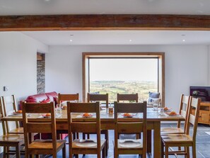 Large formal dining area with wonderful far-reaching views | Pistyll Gwyn, Llanwrthwl, near Rhayader