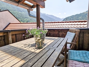 Wood, Furniture, Outdoor Furniture, Porch, Table, Outdoor Table, Chair, Deck, Flowerpot, Balcony