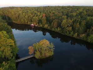 Overhead View of the Lake and the Tugboat.