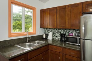 Kitchen features full size fridge, induction stovetop, microwave, coffee, bbq