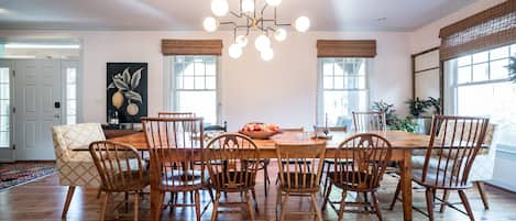 The dining table easily seats 16 guests.