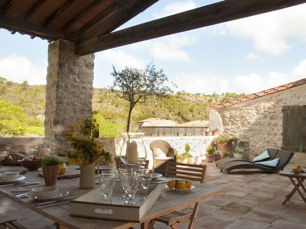 The Terrace overlooking the river & hills beyond.