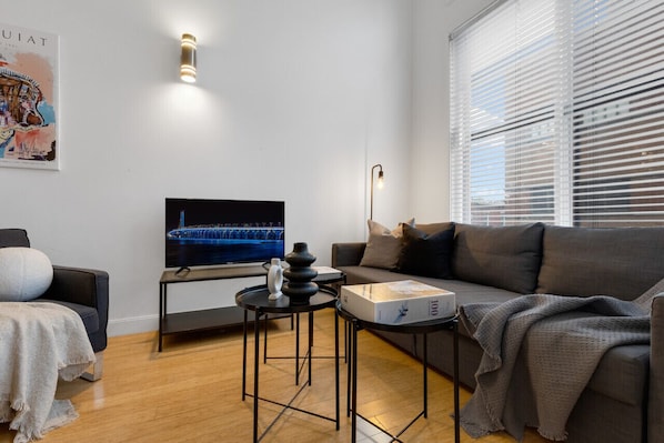 Living Room: Features 1 sofa beds and a Smart HD TV. Log in to your favorite streaming services like Netflix, Disney+, and Prime.