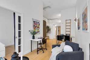 Living Room: Features 1 sofa beds and a Smart HD TV. Log in to your favorite streaming services like Netflix, Disney+, and Prime.