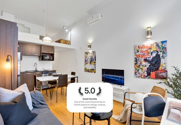 Living Room: Features 1 sofa beds and a Smart HD TV. Log in to your favorite streaming services like Netflix, Disney+, and Prime.
