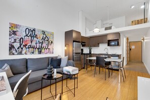 Living Room: Features 1 sofa beds and a Smart HD TV. Log in to your favorite streaming services like Netflix, Disney+, and Prime.