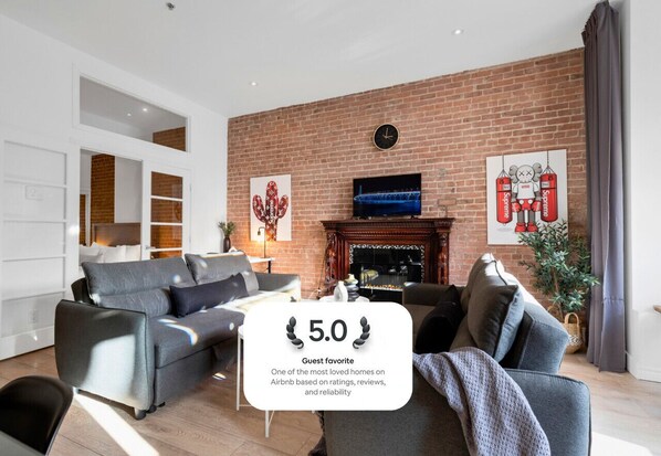 Living Room: Features 2 sofa beds and a Smart HD TV. Log in to your favorite streaming services like Netflix, Disney+, and Prime.
