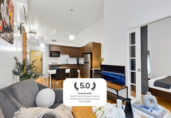 Living Room: Features 1 sofa beds and a Smart HD TV. Log in to your favorite streaming services like Netflix, Disney+, and Prime.