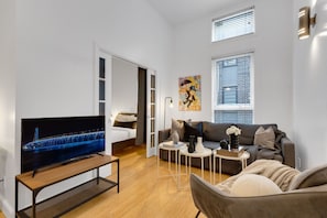 Living Room: Features 1 sofa beds and a Smart HD TV. Log in to your favorite streaming services like Netflix, Disney+, and Prime.