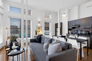 Living Room: Features 1 sofa beds and a Smart HD TV. Log in to your favorite streaming services like Netflix, Disney+, and Prime.