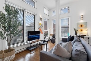 Living Room: Features 1 sofa beds and a Smart HD TV. Log in to your favorite streaming services like Netflix, Disney+, and Prime.