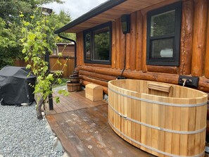 Enjoy our cedar Japanese soaker tub for 2 under the stars or coffee in the am