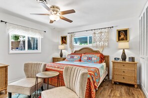 Master bedroom with a king bed, ceiling fan and a private attached bathroom.