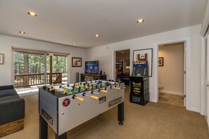 Downstairs Bonus Game Room with Foosball, Classic Arcade Cabinet & Smart TV