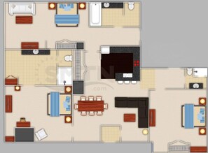 The 3 Bedroom layout consists of a Studio Suite and a Corner 2 Bedroom Suite.  