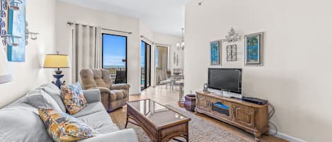 Living Area with Queen Size Sleeper Sofa and Views of the Beach and the Gulf