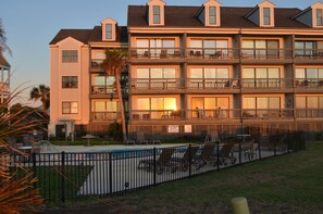 A view of the complex from the sea wall. 