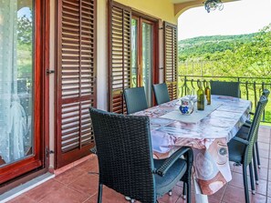 Furniture, Chair, Outdoor Furniture, Kitchen & Dining Room Table, Outdoor Table, Porch, Balcony, Eco Hotel, Wood Stain, Shade