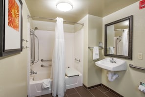Get ready for your day in the accessible bathroom.