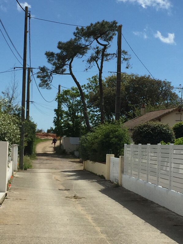 vue à l'entrée dans l'impasse : la maison se situe au niveau des pins.