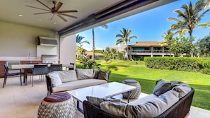 Unwind on the 521 sq ft lanai with comfortable seating & a private gas grill