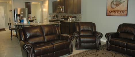 Family room, kitchen, island (seats 5) downstairs