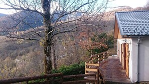 Le chalet, sa terrasse et sa vue imprenable sur la montagne