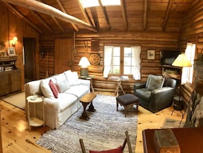 Living Room with Vaulted Ceiling + Skylight