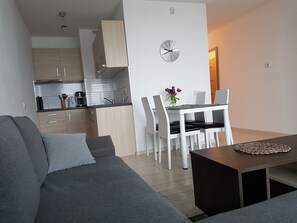 Wohnzimmer mit Küchenzeile und Essbereich