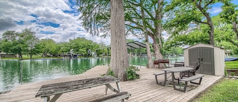 The lake is back!! This is the shared dock across the street, access is included as part of this rental.