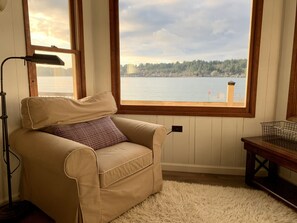 Bay window featuring peekaboo views of the Olympic Mountains